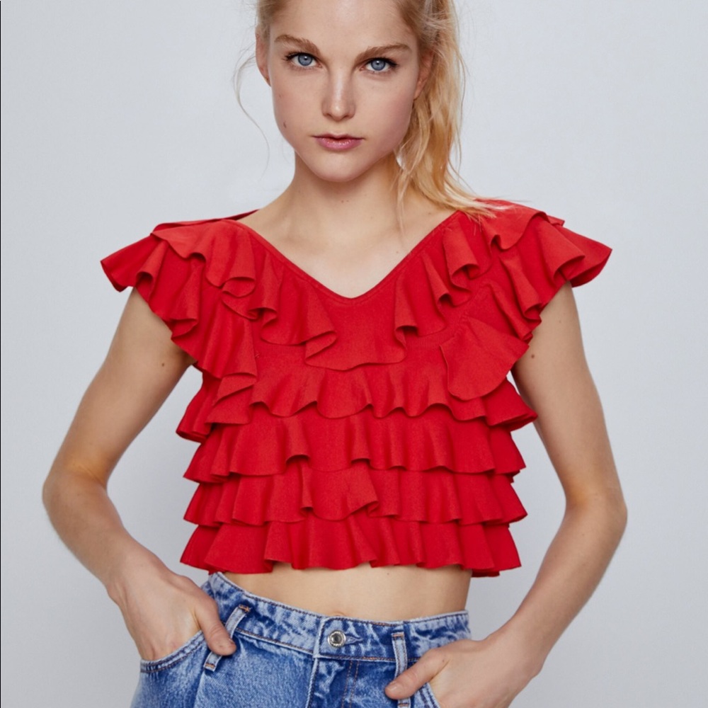 Red ruffle Zara top, new with tags, S
